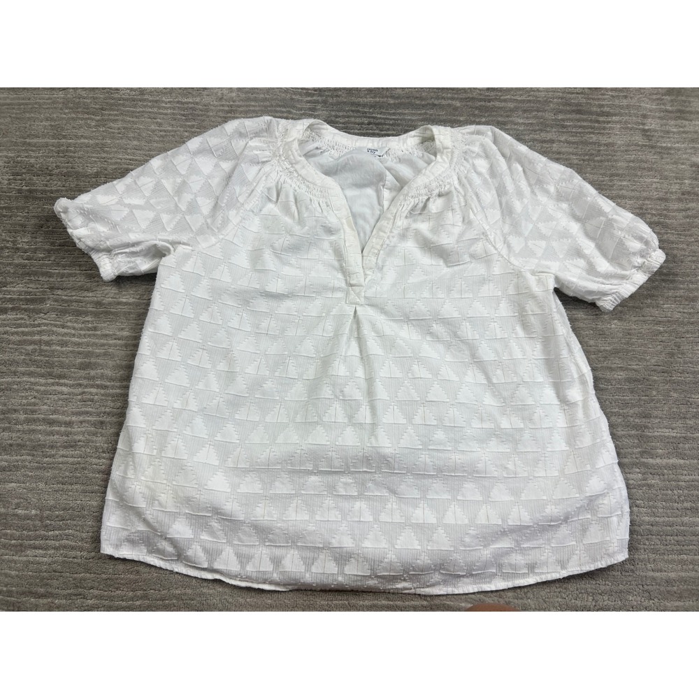 Crown & Ivy Blouse Womens L White Split Neck Short Puff Sleeve Geometric Top